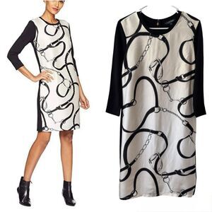 RALPH LAUREN Sz MEDIUM Equestrian Knee Length Shirt dress 3/4 Sleeve Ivory Black